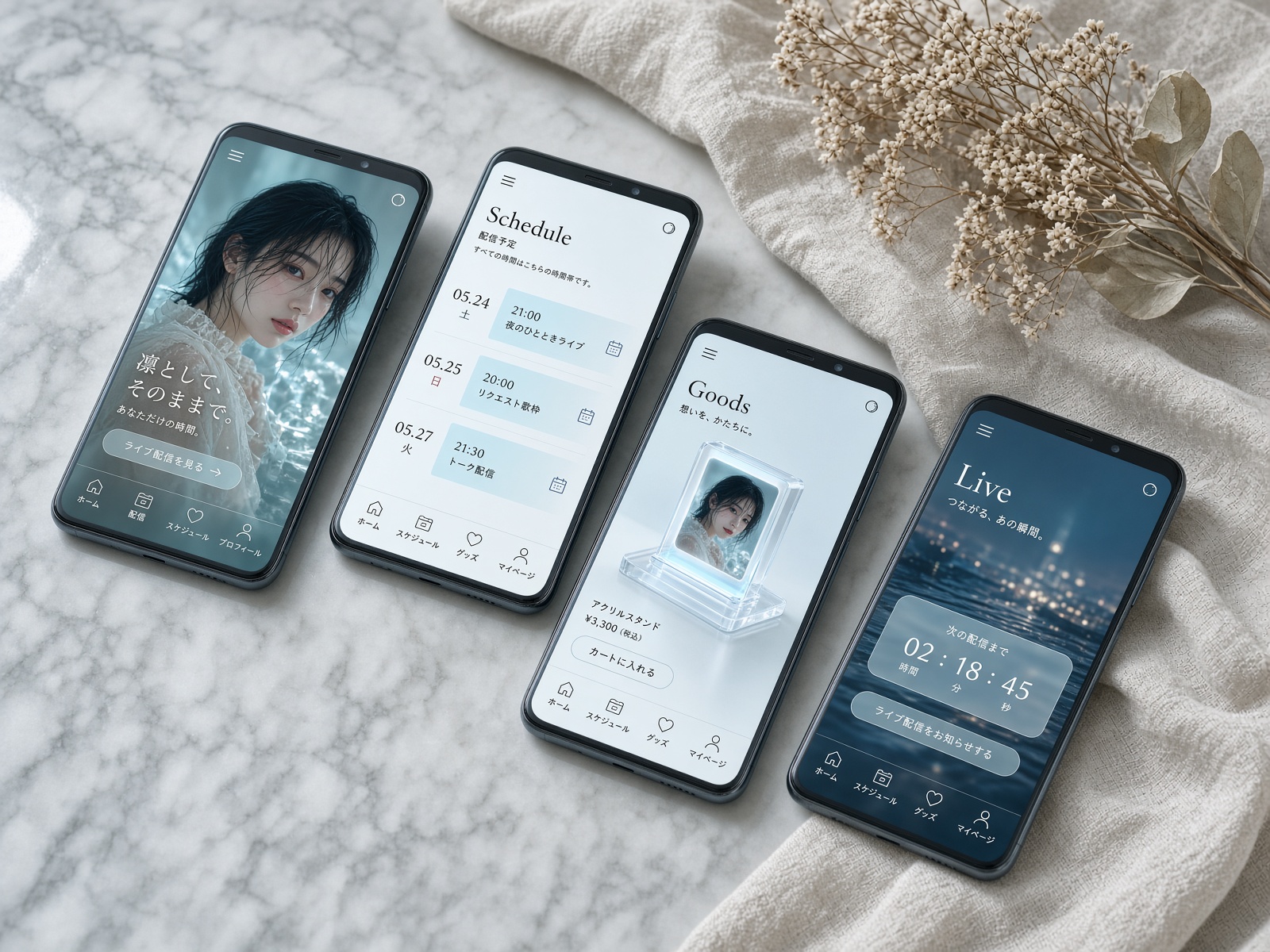 大理石の上に並ぶ、ライバー向けスマホサイト